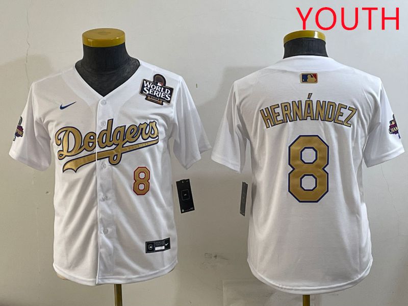 Youth Los Angeles Dodgers #8 Hernandez White Champion gold character 2025 Nike MLB Jersey style 3->youth mlb jersey->Youth Jersey